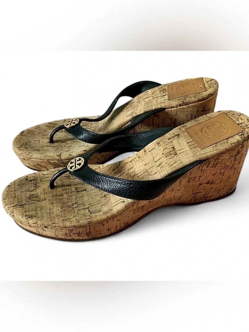 Tory Burch Suzi Cork Wedge Sandals Black Leather 9.5 EUC